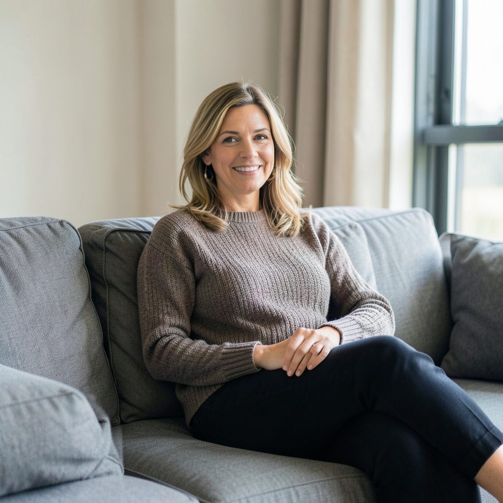 A woman relaxing casually on a couch, soft warm beige and muted pink tones, calm and candid mood